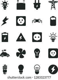 Solid Black Vector Icon Set - danger of electricity vector, bulb, power socket type b, lightning, fan screw, charge level, charging battery, accumulator, pole, plug, energy saving, electric car