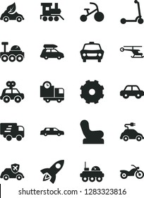 Solid Black Vector Icon Set - truck lorry vector, Baby chair, motor vehicle, present, toy train, tricycle, child Kick scooter, car, delivery, eco, electric, autopilot, Express, lunar rover, rocket