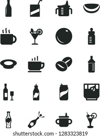 Solid Black Vector Icon Set - mug for feeding vector, measuring cup, bottle, e, coffee, a plate of milk, beans, tea, glass, cocktail, soda can, orange, liquor, piece coconut, wine, champagne
