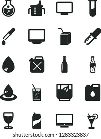 Solid Black Vector Icon Set - measuring cup for feeding vector, packing of juice with a straw, drop, screen, glass soda, tea, can, bottle, round flask, canister, oil, monitor, test tube, pipette