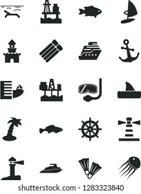 Solid Black Vector Icon Set - anchor vector, small fish, sea port, commercial seaport, lighthouse, coastal, sand castle, hotel, beach, palm tree, flippers, diving mask, handwheel, cruiser, shark fin