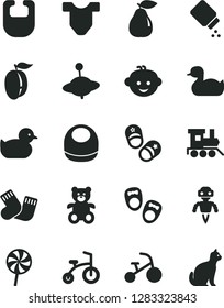 Solid Black Vector Icon Set - baby powder vector, bib, Child T shirt, rubber duck, duckling, warm socks, teddy bear, children's hairdo, toy train, yule, bicycle, tricycle, shoes for little children