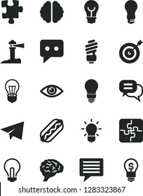 Solid Black Vector Icon Set - image of thought vector, incandescent lamp, paper airplane, Puzzle, Puzzles, saving light bulb, eye, Hot Dog, coastal lighthouse, think, brain, target, dialog, idea