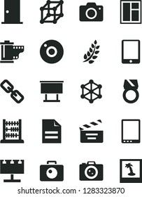 Solid Black Vector Icon Set - camera vector, scribbled paper, spectacles, roll, movie cracker, abacus, window, ntrance door, billboard with illumination, tablet pc, 3d cube, laurel branch, gold ring
