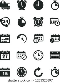 Solid Black Vector Icon Set - daily calendar vector, stopwatch, clock face, alarm, clockwise, wall, timer, delivery, 24, watch, agenda, schedule, history