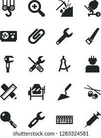 Solid Black Vector Icon Set - zoom vector, winch hook, building trowel, concrete mixer, small tools, arm saw, writing accessories, key, clip, Chinese chopsticks, coal mining, builder, repair, steel