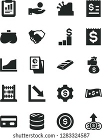 Solid Black Vector Icon Set - negative chart vector, abacus, reverse side of a bank card, column coins, statistical report, article on the dollar, financial item, catch coin, hand shake, purse, gear