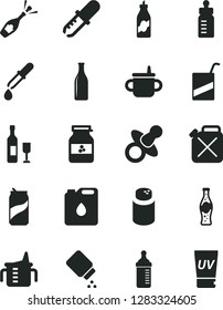 Solid Black Vector Icon Set - dummy vector, mug for feeding, measuring cup, bottle, powder, baby, e, soda can, of, jar jam, liquor, canister, oil, Glass, pipette, wine, champagne, uv cream