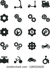 Solid Black Vector Icon Set - Truck Lorry Vector, Children's Train, Tricycle, Kick Scooter, Child, Gears, Cogwheel, Gear, Star, Valve, Retro Car, Three, Dollar, Motorcycle, Disabled