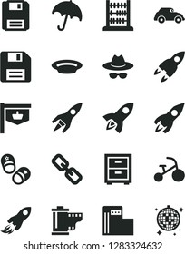 Solid Black Vector Icon Set - floppy disk vector, spectacles, hat with glasses, camera roll, bedside table, tricycle, child shoes, abacus, umbrella, plate, modern gas station, retro car, rocket