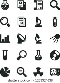 Solid Black Vector Icon Set - magnifier vector, zoom out, negative histogram, artificial satellite, round flask, radiation, dish, ring diagram, pie charts, statistical research, article, test tube