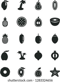 Solid Black Vector Icon Set - a pineapple vector, medlar, half of, mango, loquat, date fruit, passion, sweet, kiwi, tamarillo, guawa, slice, part guava, palm tree, starfish