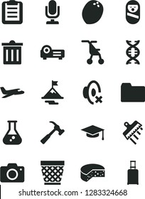 Solid Black Vector Icon Set - desktop microphone vector, camera, wicker pot, bin, folder, silent mode, sitting stroller, roly poly doll, spatula, hammer with claw, cheese, coconut, projector, flask
