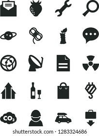 Solid Black Vector Icon Set - scribbled paper vector, hook, hawser, received letter, speech, strawberry, apple stub, racer, carbon dyoxide, satellite dish, bag, network, repair, nuclear, zoom, wine