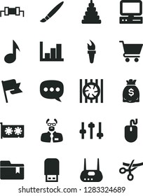 Solid Black Vector Icon Set - tassel vector, negative histogram, folder bookmark, stacking toy, flag, cart, dollars, speech, computer, radiator fan, mouse, gpu card, router, usb flash, note