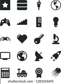 Solid Black Vector Icon Set - sign of the planet vector, heart, Earth, light bulb, pc tower, monitor, joystick, big data, microscope, calculator, satellite antenna, rocket, lunar rover, resistor