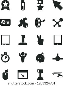 Solid Black Vector Icon Set - tablet pc vector, mouse, browser, connect, joystick, cursor, test tube, molecule, satellite, oscilloscope, stopwatch, winner, gold cup, flag on moon, purpose