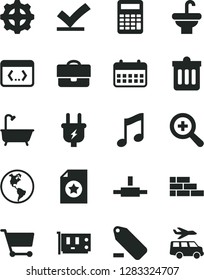 Solid Black Vector Icon Set - zoom vector, remove label, brick wall, washbasin, bath, dust bin, music, planet Earth, plug, gear, cart, portfolio, calendar, pc card, connect, coding, calculator
