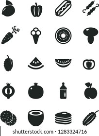 Solid Black Vector Icon Set - measuring bottle for feeding vector, Hot Dog, mushroom, meat on skewers, cone, biscuit, pancakes, peach, pomegranate, half of medlar, mulberry, water melon slice, kiwi