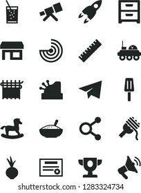 Solid Black Vector Icon Set - yardstick vector, paper airplane, small rocking horse, nightstand, spaghetti, a bowl of rice porridge, beet, glass soda, popsicle, cloth industry, stall, connections