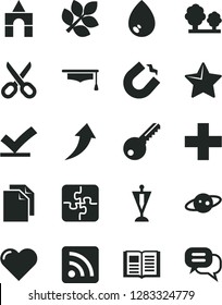 Solid Black Vector Icon Set - scissors vector, clean paper, plus, rss feed, box of bricks, Puzzles, key, star, heart, book, drop, trees, horseshoe magnet, graduate hat, saturn, biology, pennant
