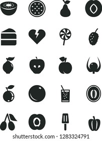 Solid Black Vector Icon Set - broken heart vector, piece of cake, lollipop, a glass soda, popsicle, pear, orange, peach, half apricot, quince, tasty apple, plum, cornels, blueberry, mulberry, melon