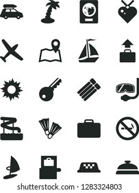 Solid Black Vector Icon Set - plane vector, car baggage, sail boat, taxi, suitcase, scanner, passport, sun, palm tree, aquapark, flippers, diving mask, map, key, no smoking sign, inflatable mattress