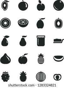 Solid Black Vector Icon Set - cake slice vector, jam, apple, orange, ripe peach, pear, fig, blackberry, water melon, half of mango, loquat, delicious plum, tangerine, kiwi, piece coconut, pineapple