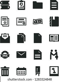 Solid Black Vector Icon Set - bin vector, clean sheet of paper, scribbled, books, electronic boiler, envelope, received letter, book, notebook, statistical overview, scientific publication, calendar