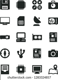 Solid Black Vector Icon Set - monitor window vector, camera, archive, screen, math actions, satellite antenna, SIM card, goal woman, computer, motherboard, cpu, gpu, usb, floppy, projector, map