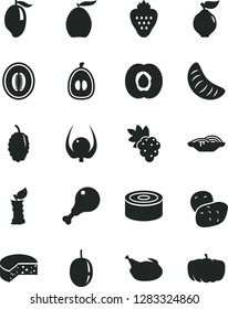 Solid Black Vector Icon Set - cheese vector, canned goods, slices of onion, chicken, leg, strawberry, half apricot, grape, quince, mulberry, mango, loquat, melon, slice tangerine, passion fruit