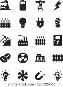 Solid Black Vector Icon Set - matte light bulb vector, saving, lightning, dangers, radiator, new, coffee beans, marine propeller, charge level, coal mining, factory, hydroelectric station, plug