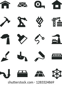 Solid Black Vector Icon Set - tower crane vector, dwelling, hook, building trowel, measuring tape, new roller, sewerage, brick, block, putty knife, paving slab, pavement, hammer with claw, home