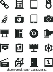 Solid Black Vector Icon Set - camera vector, spectacles, roll, movie cracker, abacus, window, ntrance door, vintage sign, billboard with illumination, statistical report, tablet pc, 3d cube, photo