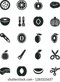 Solid Black Vector Icon Set - scissors vector, iron fork spoons, arm saw, stationery knife, cheese, pizza, piece of meat, half pomegranate, plum, mango, peach, melon, cherry, lemon, juicy, kiwi
