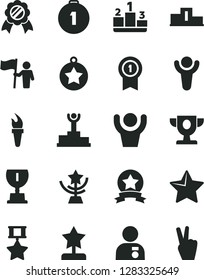 Solid Black Vector Icon Set - star vector, pedestal, flame torch, winner, podium, prize, award, cup, reward, man with medal, hold flag, first place, pennant, hero, ribbon, hands up, victory hand
