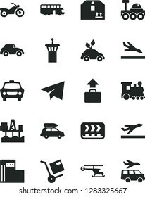 Solid Black Vector Icon Set - paper airplane vector, car, cardboard box, shipment, commercial seaport, modern gas station, conveyor, environmentally friendly transport, retro, lunar rover, train