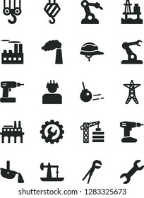 Solid Black Vector Icon Set - tower crane vector, hook, winch, adjustable wrench, cordless drill, helmet, gear, core, sea port, oil derrick, manufacture, power line, industrial building, enterprise