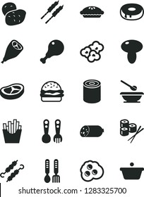 Solid Black Vector Icon Set - plates and spoons vector, plastic fork, iron, sausage, tin, burger, mushroom, cake with a hole, pie, chicken leg, grill, bacon, barbecue, meat on skewers, French fries