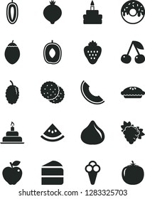 Solid Black Vector Icon Set - birthday cake vector, piece of, glazed with a hole, pie, cone, strawberry, biscuit, cherry, branch grape, red apple, fig, medlar, mulberry, slice melon, delicious plum