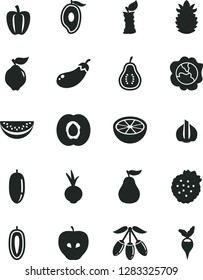 Solid Black Vector Icon Set - beet vector, strawberries, half apricot, squash, quince, tasty apple, of mango, goji berry, water melon slice, date fruit, sweet, ripe pineapple, grapefruit, guava