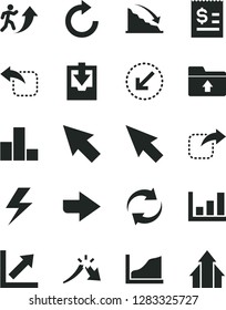 Solid Black Vector Icon Set - lightning vector, right direction, renewal, clockwise, bar chart, growth, download archive data, upload folder, left bottom arrow, move, recession, a crisis, cursor