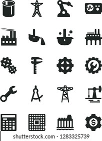 Solid Black Vector Icon Set - gear vector, working oil derrick, hydroelectricity, power line, pole, industrial building, enterprise, gears, processor, pipes, robot welder, calipers, metallurgy