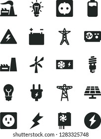 Solid Black Vector Icon Set - danger of electricity vector, lightning, bulb, charge level, solar panel, wind energy, factory, accumulator, power line, pole, plug, socket, thermal plant, saving