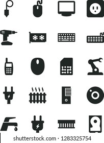 Solid Black Vector Icon Set - camera vector, drill, power socket type b, plummet, faucet mixer, plug, electric, assembly robot, SIM, cast iron radiator, mobile phone, fan, mouse, keyboard, pc tower