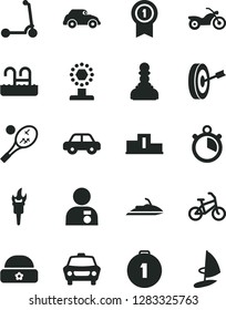 Solid Black Vector Icon Set - motor vehicle vector, child Kick scooter, warm hat, car, retro, stopwatch, flame torch, pedestal, cup, pawn, man with medal, purpose, first place, pennant, bike, pool