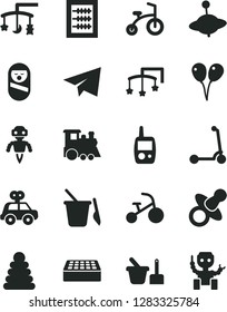 Solid Black Vector Icon Set - paper airplane vector, toys over the cradle, cot, dummy, new abacus, stacking rings, motor vehicle present, roly poly doll, toy mobile phone, sand set, children's, yule