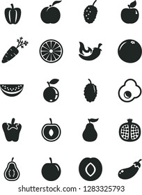 Solid Black Vector Icon Set - chili vector, peper, fried egg, ripe peach, half pomegranate, apricot, plum, blueberry, mulberry, tasty, water melon slice, cherry, of orange, grapefruit, guava, part