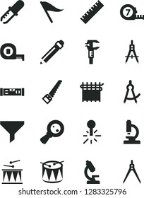 Solid Black Vector Icon Set - graphite pencil vector, yardstick, wind direction indicator, drumroll, drum, arm saw, measuring tape, long meashuring, building level, cloth industry, compasses, filter