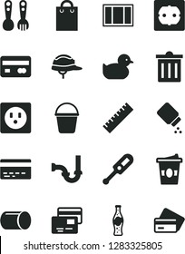 Solid Black Vector Icon Set - bin vector, yardstick, bank card, baby powder, electronic thermometer e, duckling, plastic fork spoons, window frame, bucket, sewerage, power socket type f, helmet, bag